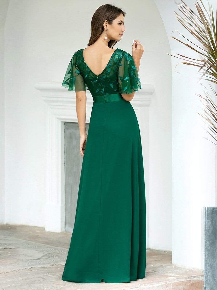 Color=Dark Green | Romantic Round Neck Ruffle Sleeves Chiffon & Sequin Prom Dress-Dark Green 2