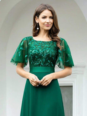 Color=Dark Green | Romantic Round Neck Ruffle Sleeves Chiffon & Sequin Prom Dress-Dark Green 3