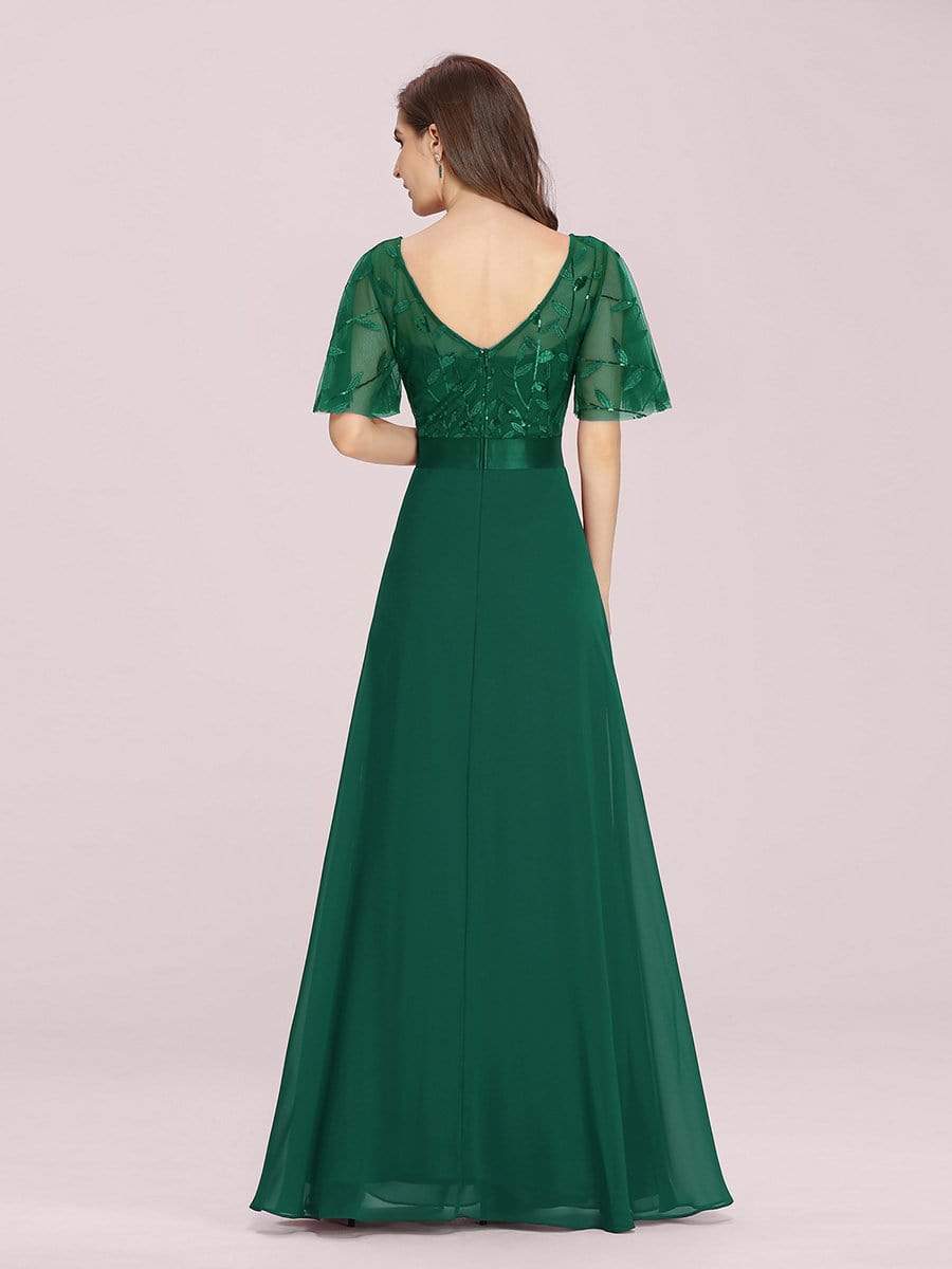 Color=Dark Green | Romantic Round Neck Ruffle Sleeves Chiffon & Sequin Prom Dress-Dark Green 7