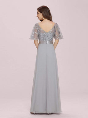 Color=Grey | Romantic Round Neck Ruffle Sleeves Chiffon & Sequin Prom Dress-Grey 2