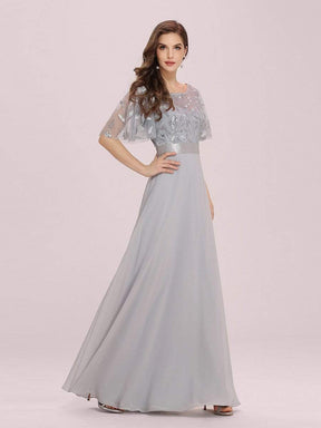 Color=Grey | Romantic Round Neck Ruffle Sleeves Chiffon & Sequin Prom Dress-Grey 3