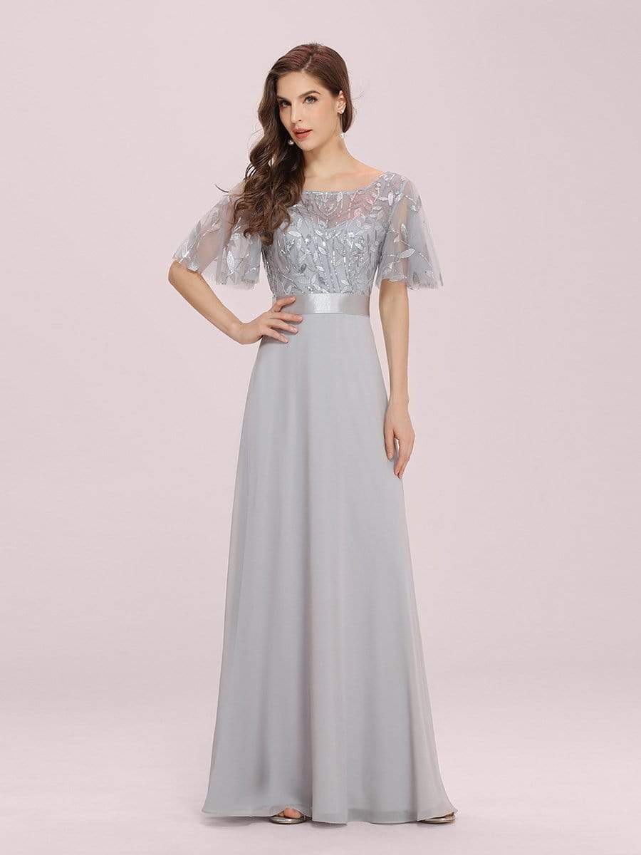 Color=Grey | Romantic Round Neck Ruffle Sleeves Chiffon & Sequin Prom Dress-Grey 4