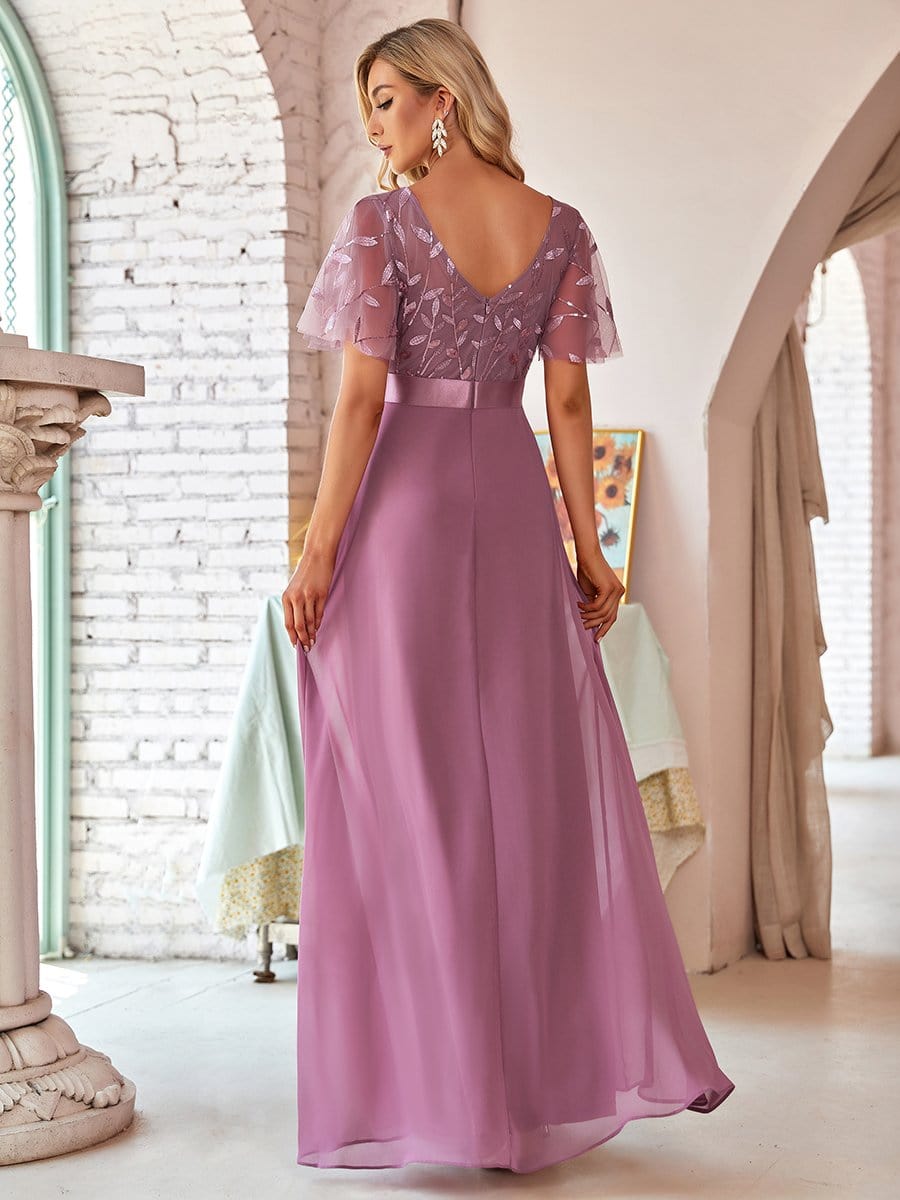 Color=Purple Orchid | Romantic Round Neck Ruffle Sleeves Chiffon & Sequin Prom Dress-Purple Orchid 2