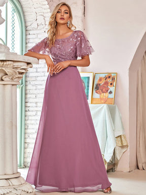 Color=Purple Orchid | Romantic Round Neck Ruffle Sleeves Chiffon & Sequin Prom Dress-Purple Orchid 4