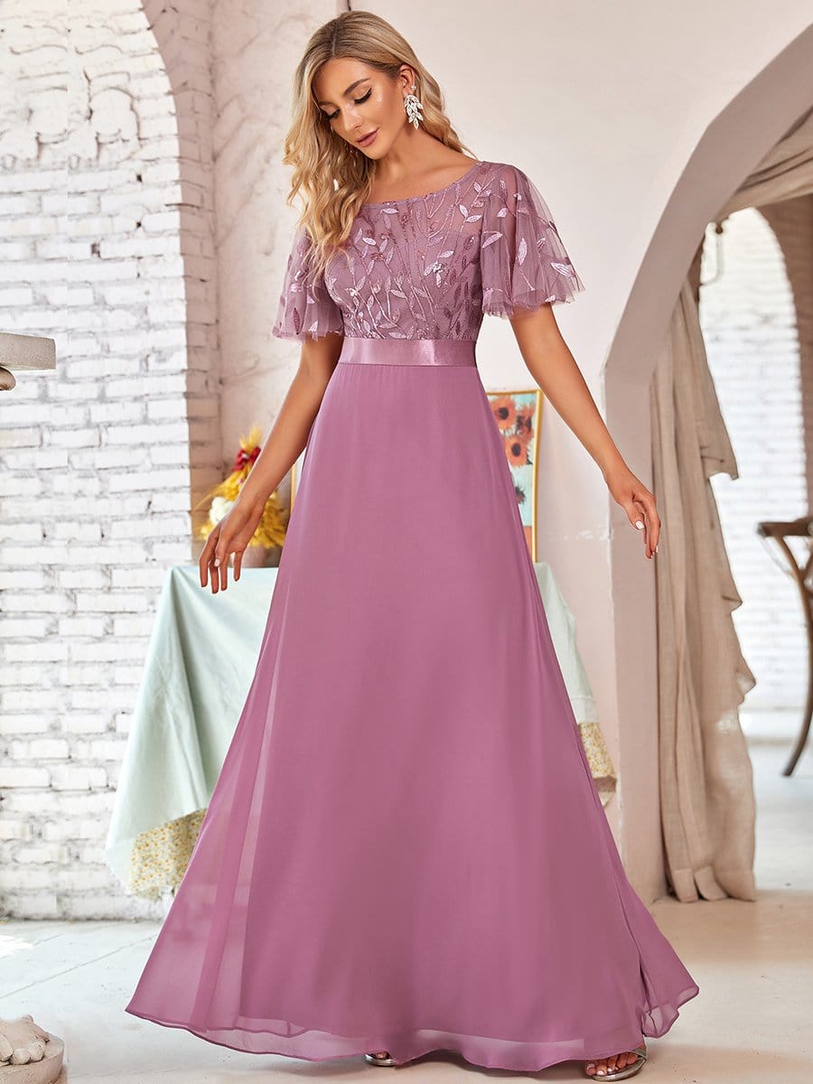 Color=Purple Orchid | Romantic Round Neck Ruffle Sleeves Chiffon & Sequin Prom Dress-Purple Orchid 1