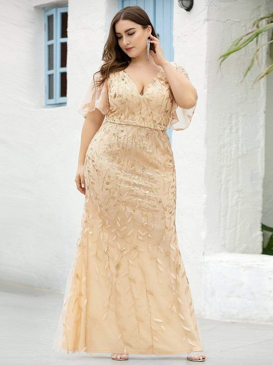 Color=Gold | Fashion Plus Size V Neck Mermaid Sequin & Tulle Dress-Gold 3