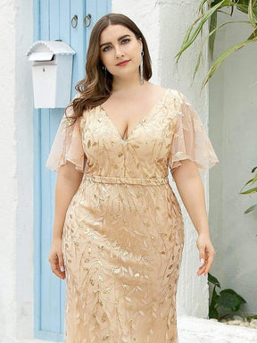 Color=Gold | Fashion Plus Size V Neck Mermaid Sequin & Tulle Dress-Gold 5