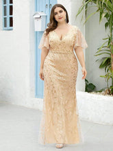 Color=Gold | Fashion Plus Size V Neck Mermaid Sequin & Tulle Dress-Gold 1