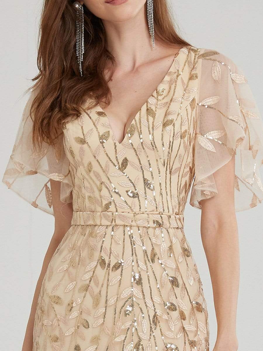 Color=Gold | Gorgeous V Neck Leaf-Sequined Fishtail Party Dress-Gold 10