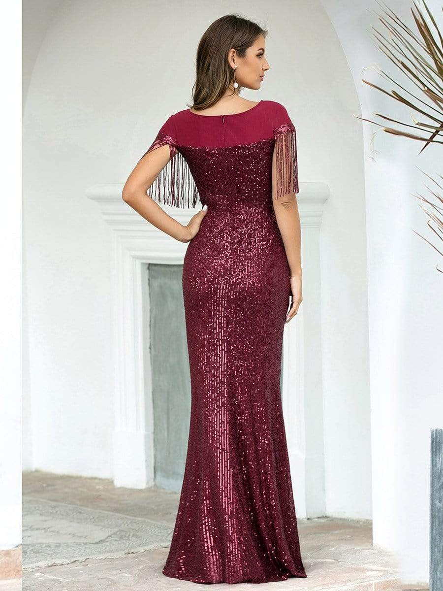Color=Burgundy | Women'S Sexy Fishtail Sequin Evening Dress With Tassels-Burgundy 2