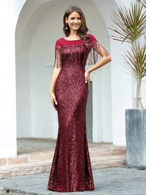 Color=Burgundy | Women'S Sexy Fishtail Sequin Evening Dress With Tassels-Burgundy 3
