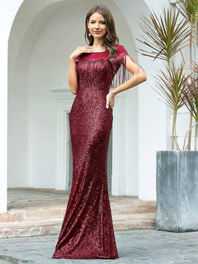 Color=Burgundy | Women'S Sexy Fishtail Sequin Evening Dress With Tassels-Burgundy 4