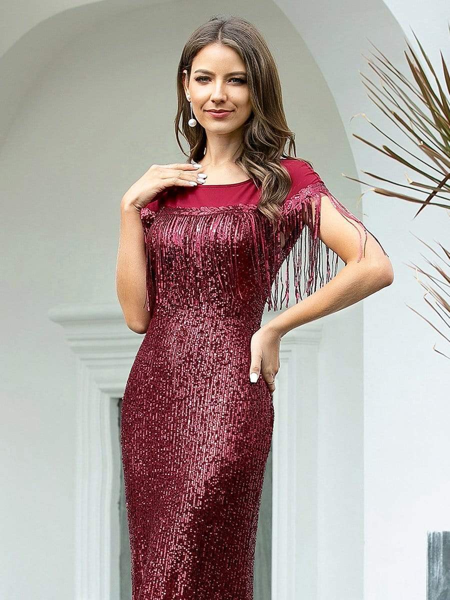 Color=Burgundy | Women'S Sexy Fishtail Sequin Evening Dress With Tassels-Burgundy 5