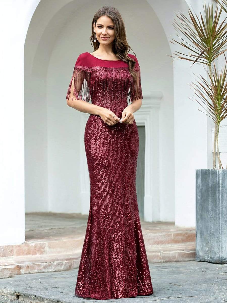 Color=Burgundy | Women'S Sexy Fishtail Sequin Evening Dress With Tassels-Burgundy 1