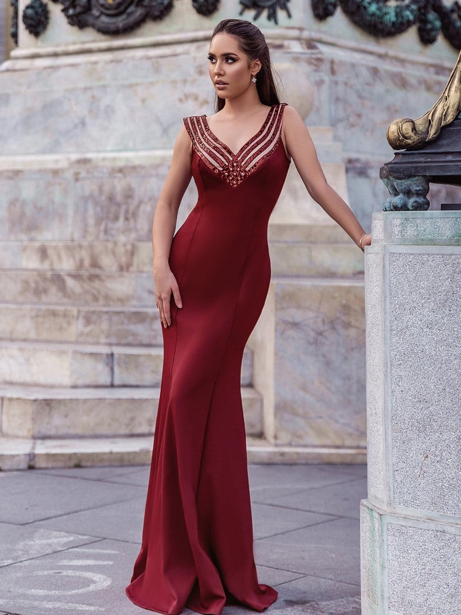 Color=Burgundy | Sexy V-Neck Floor Length Mermaid Party Dress With Sequin-Burgundy 1