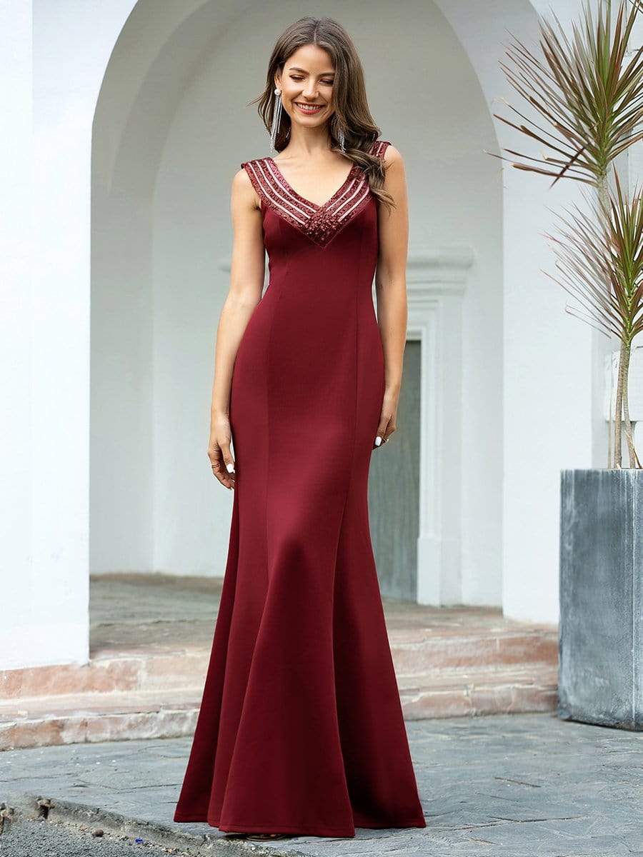 Color=Burgundy | Sexy V-Neck Floor Length Mermaid Party Dress With Sequin-Burgundy 5