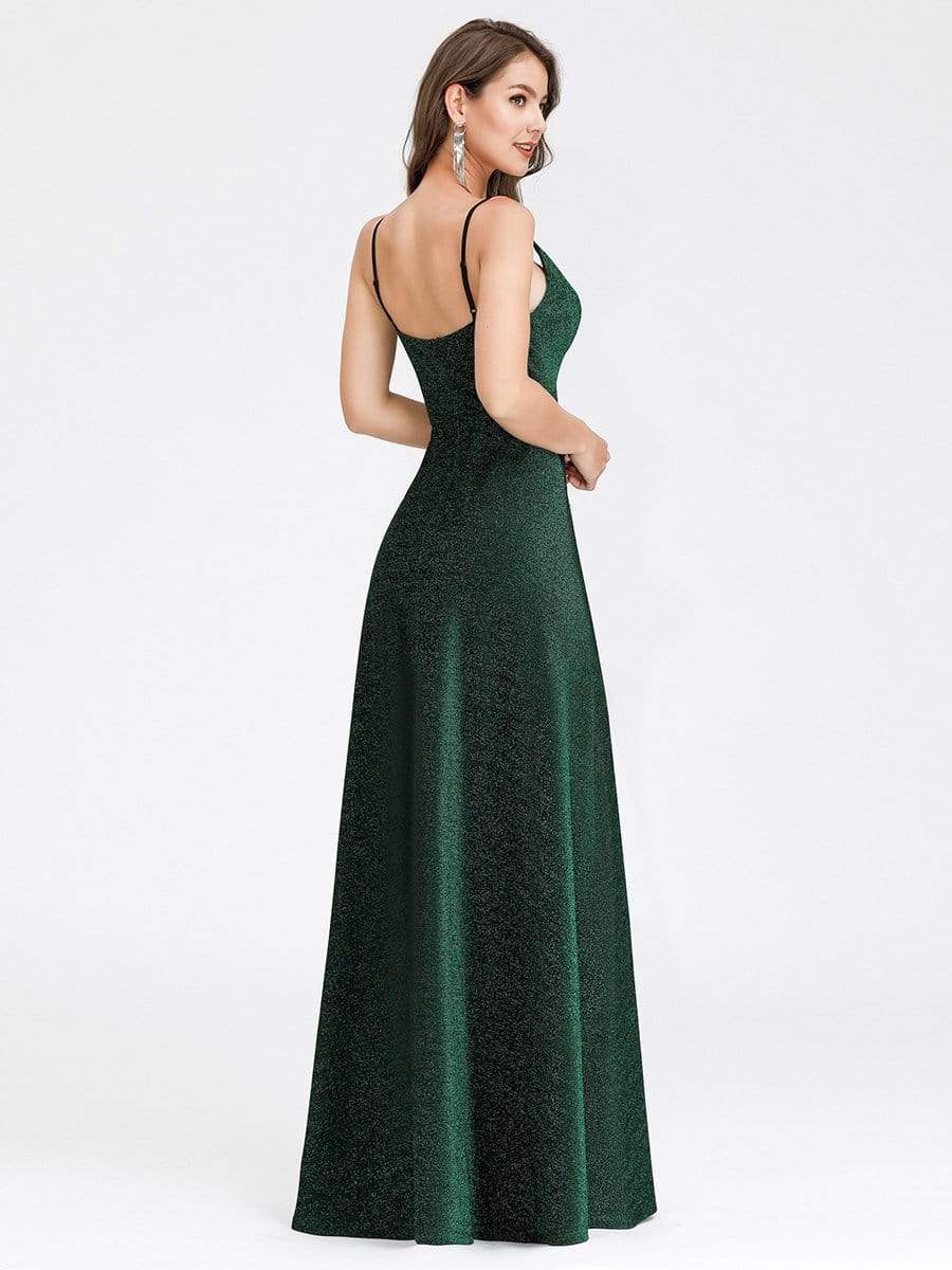 Color=Dark Green | Women'S V-Neck Spaghetti Straps Stretchy Evening Dress-Dark Green 2