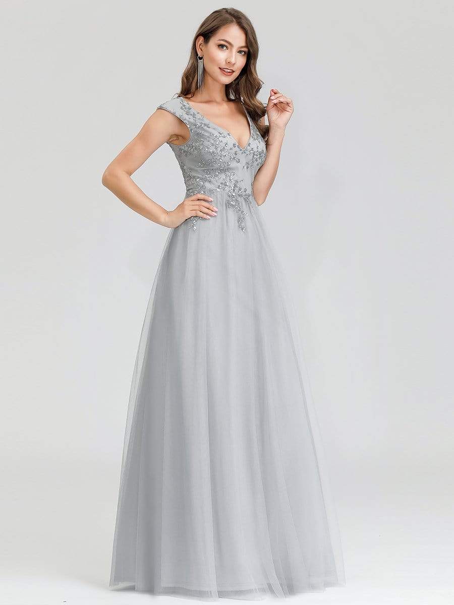 Color=Grey | Women'S Fashion Double V-Neck Evening Dress-Grey 3