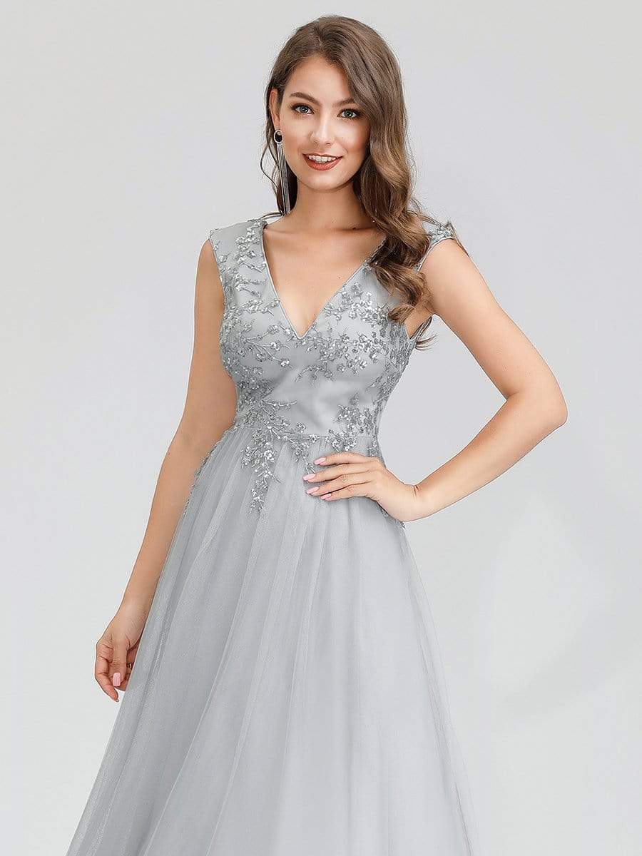 Color=Grey | Women'S Fashion Double V-Neck Evening Dress-Grey 5
