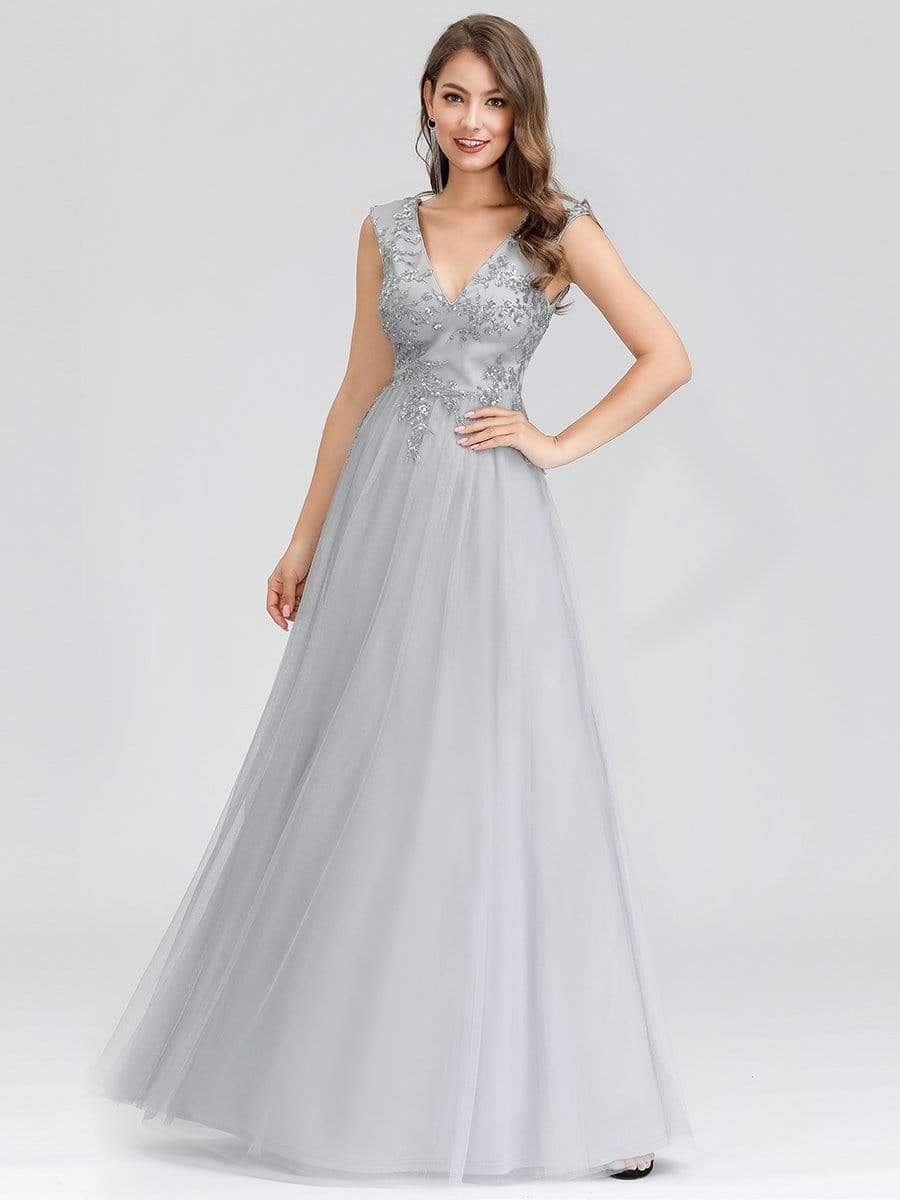 Color=Grey | Women'S Fashion Double V-Neck Evening Dress-Grey 1