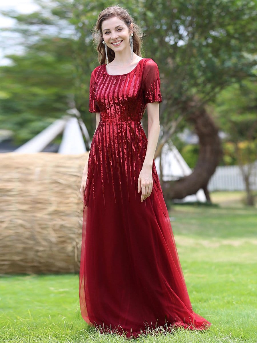 Color=Burgundy | Women'S Fashion Round Neckline Floor Length Evening Dress-Burgundy 4