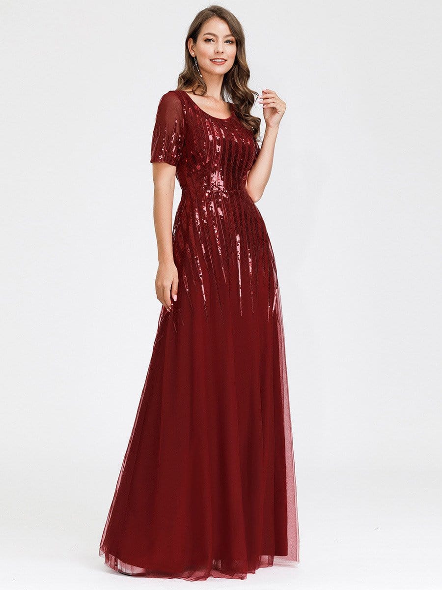Color=Burgundy | Women'S Fashion Round Neckline Floor Length Evening Dress-Burgundy 10
