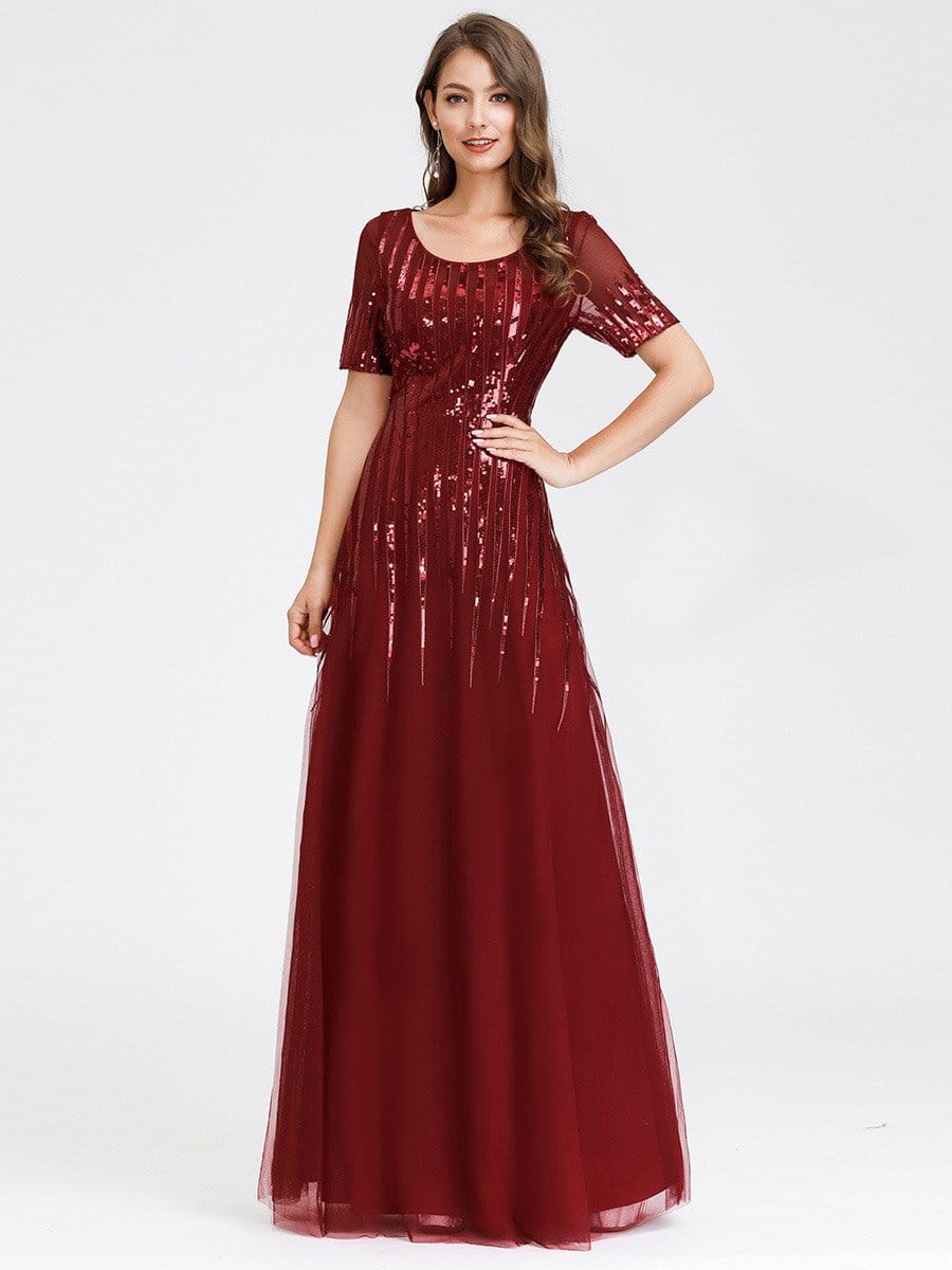 Color=Burgundy | Women'S Fashion Round Neckline Floor Length Evening Dress-Burgundy 8