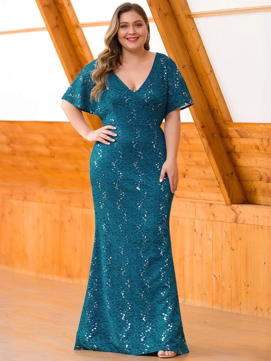 Color=Teal | Women'S V-Neck Floral Lace Mermaid Dress-Teal 1