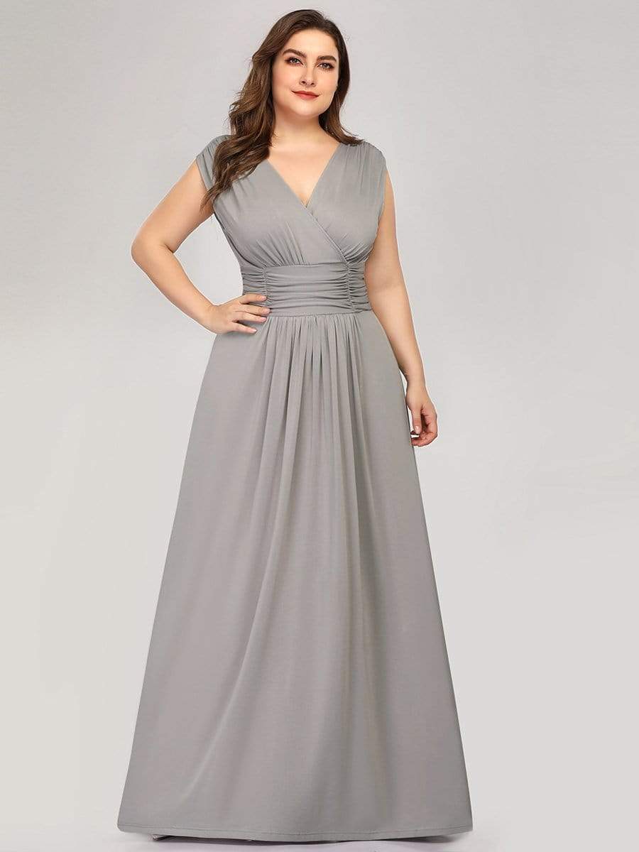 Color=Grey | Plus Size Women'S Fashion Double V-Neck Bridesmaid Dress-Grey 3