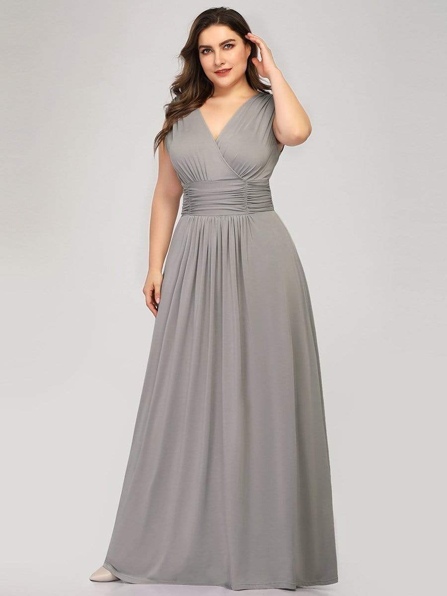 Color=Grey | Plus Size Women'S Fashion Double V-Neck Bridesmaid Dress-Grey 4