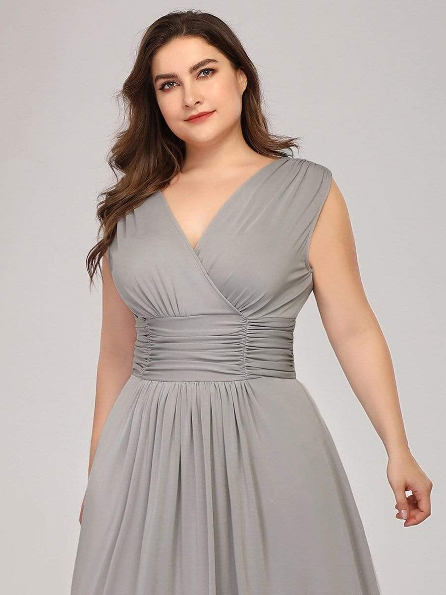 Color=Grey | Plus Size Women'S Fashion Double V-Neck Bridesmaid Dress-Grey 5