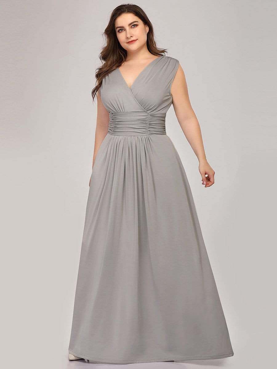 Color=Grey | Plus Size Women'S Fashion Double V-Neck Bridesmaid Dress-Grey 1
