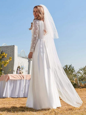 Color=White | Elegant Simple Satin Wedding Gown With Lace Long Sleeves-White 3