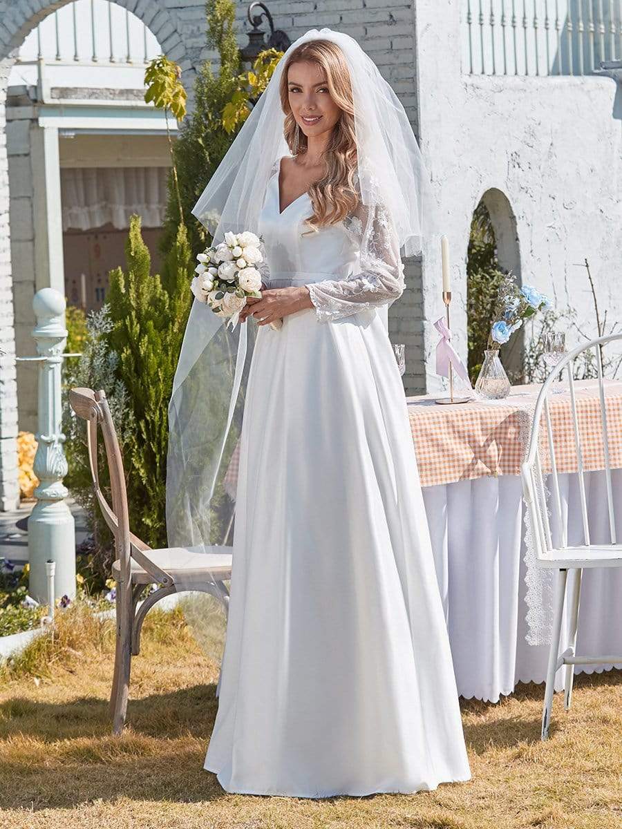 Color=White | Elegant Simple Satin Wedding Gown With Lace Long Sleeves-White 4