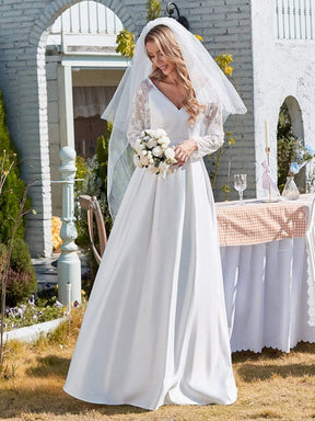Color=White | Elegant Simple Satin Wedding Gown With Lace Long Sleeves-White 5
