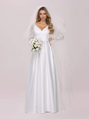Color=White | Elegant Simple Satin Wedding Gown With Lace Long Sleeves-White 6