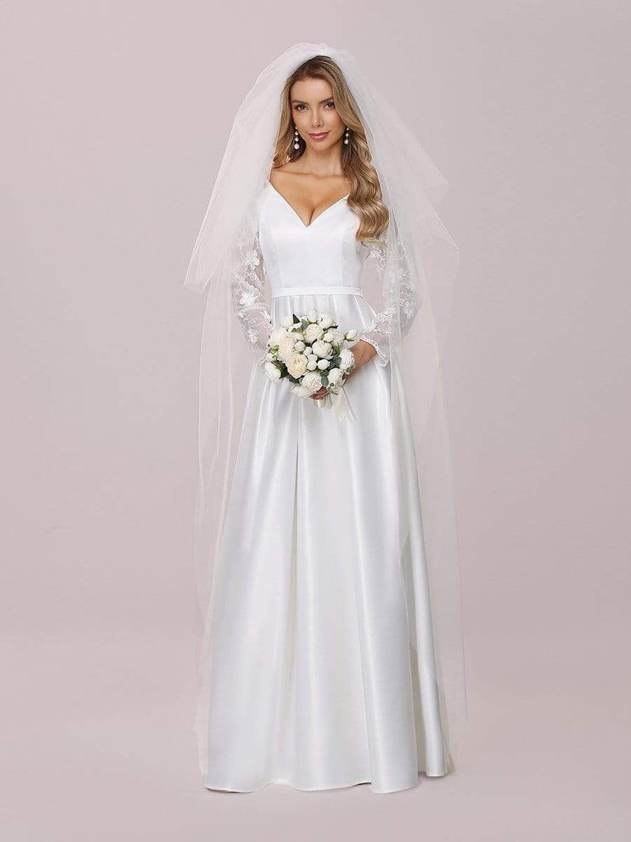 Color=White | Elegant Simple Satin Wedding Gown With Lace Long Sleeves-White 7
