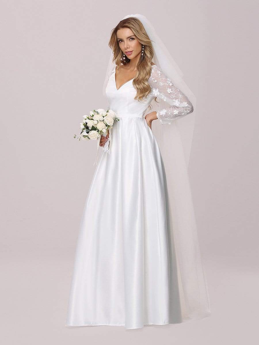 Color=White | Elegant Simple Satin Wedding Gown With Lace Long Sleeves-White 8