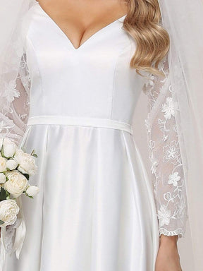 Color=White | Elegant Simple Satin Wedding Gown With Lace Long Sleeves-White 9