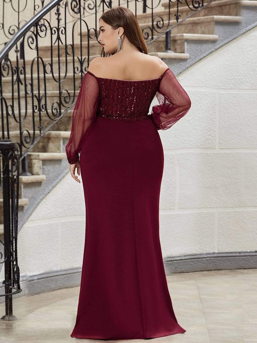 Color=Burgundy | Elegant Plus Size Fishtail Evening Dress with Sequin-Burgundy 2