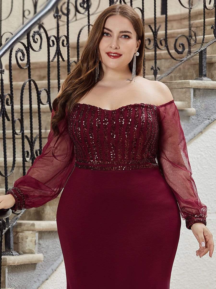 Color=Burgundy | Elegant Plus Size Fishtail Evening Dress with Sequin-Burgundy 5