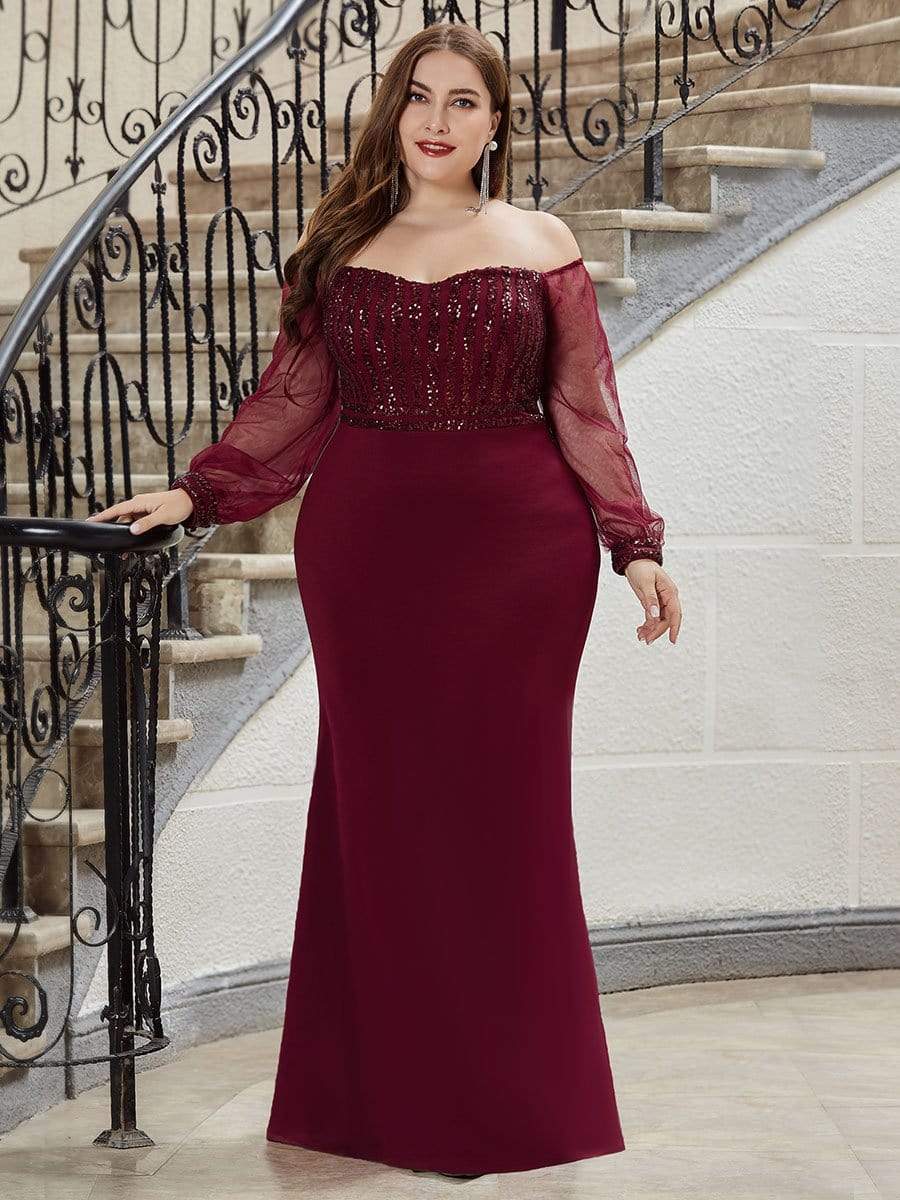 Color=Burgundy | Women'S Fashion Off Shoulder Sequin Evening Dress-Burgundy 8
