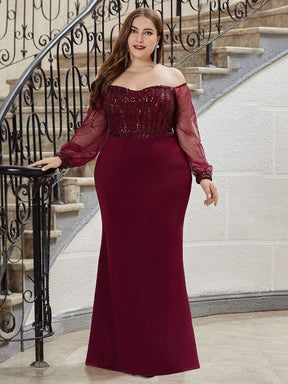 Color=Burgundy | Elegant Plus Size Fishtail Evening Dress with Sequin-Burgundy 1