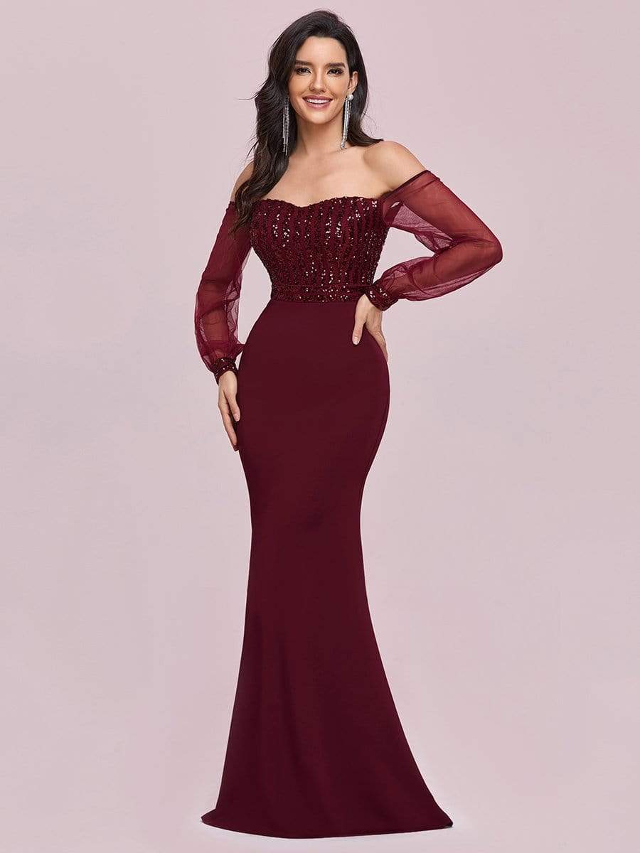 Color=Burgundy | Women'S Fashion Off Shoulder Sequin Evening Dress-Burgundy 3
