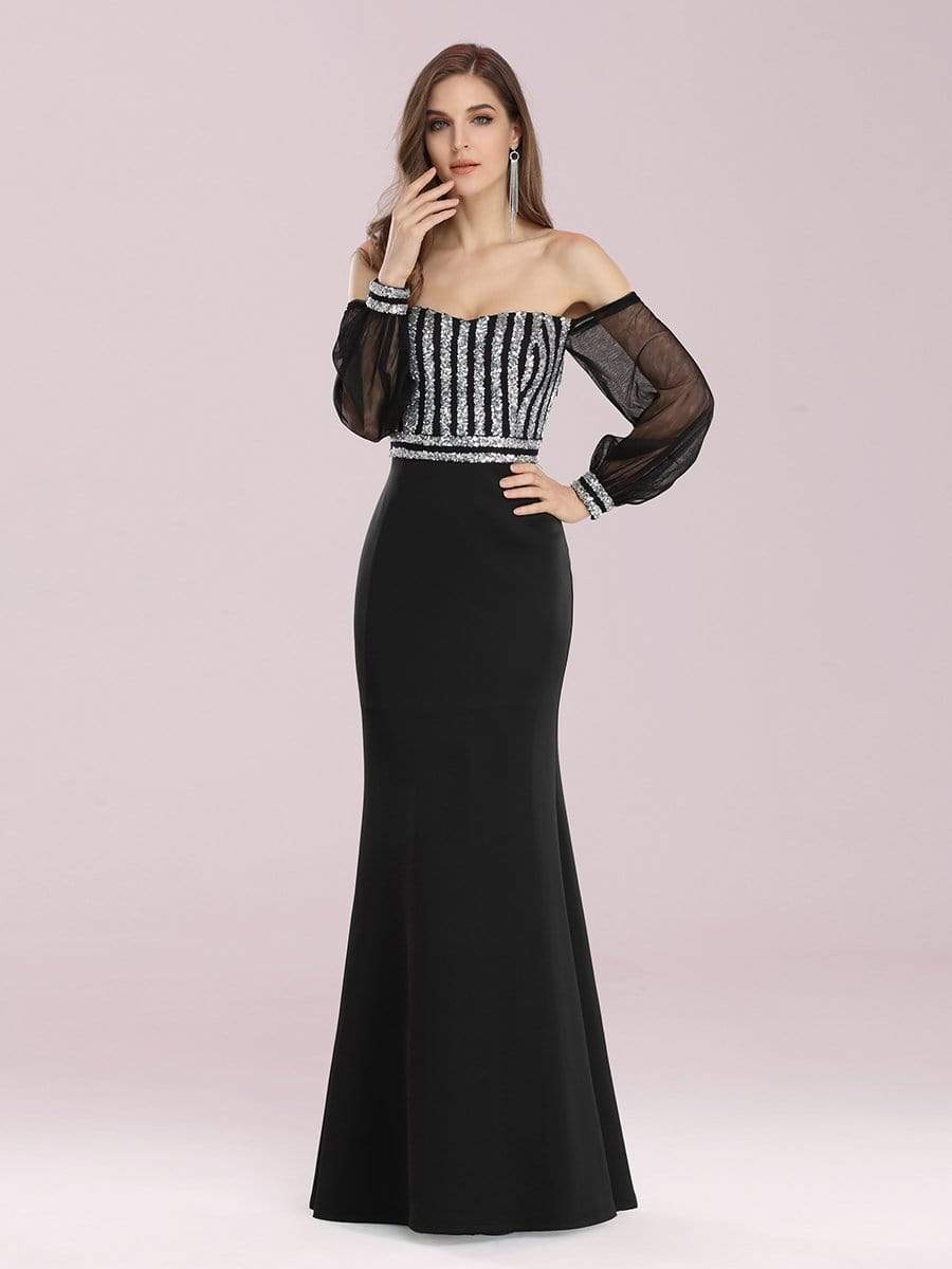 Color=Black | Women'S Fashion Off Shoulder Sequin Evening Dress-Black 4