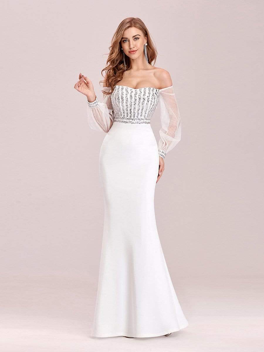 Color=Cream | Women'S Fashion Off Shoulder Sequin Evening Dress-Cream 6