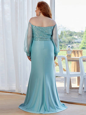 Color=Dusty Blue | Elegant Plus Size Fishtail Evening Dress with Sequin-Dusty Blue 2