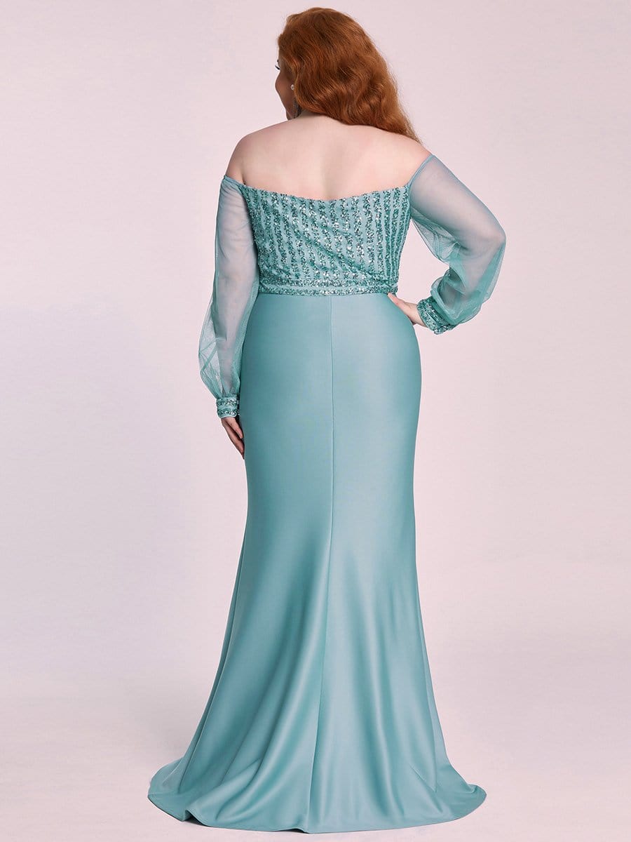 Color=Dusty Blue | Elegant Plus Size Fishtail Evening Dress with Sequin-Dusty Blue 5