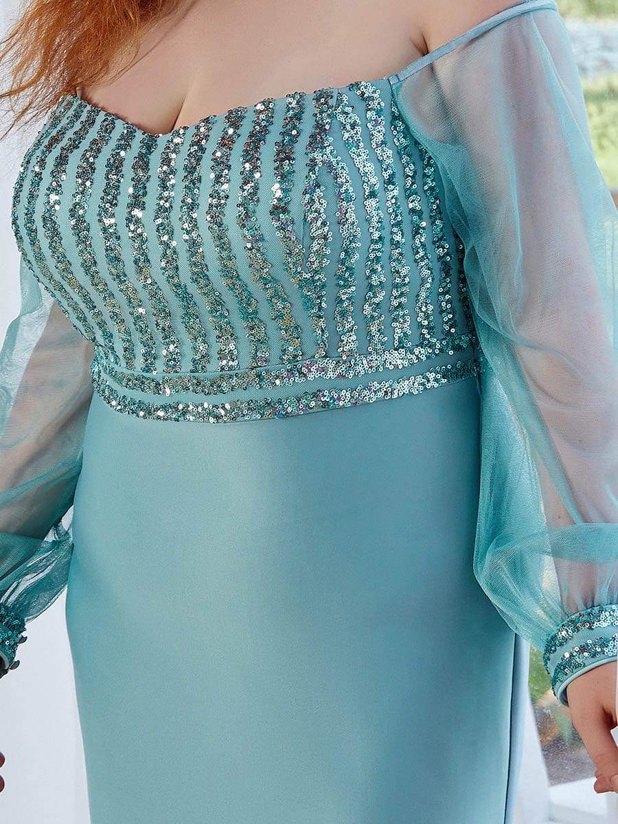 Color=Dusty Blue | Elegant Plus Size Fishtail Evening Dress with Sequin-Dusty Blue 4