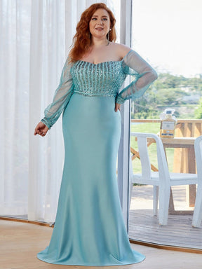 Color=Dusty Blue | Elegant Plus Size Fishtail Evening Dress with Sequin-Dusty Blue 1